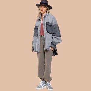 POL Custom Grey with Black Denim Button Down Cheerleader Shacket Size Medium